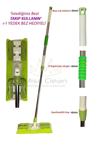 MissClean ( 1 Adet Yedek Bez Hediyeli ) Yer Mopu Fayans Duvar Yüzey Temizlik Mikrofiber Paspas Mandallı Mop