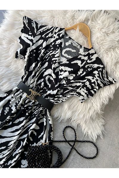 modabetce Leopard Print Ασπρόμαυρο Γυναικείο φόρεμα χωρίς ζώνη με στεγνό γιακά μίντι μήκους νέας σεζόν