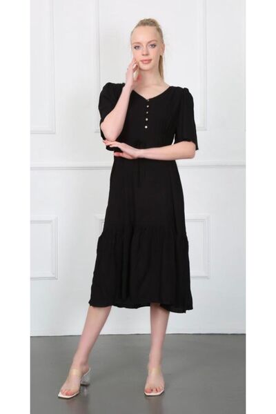 Butik Kadın Dokuma Kumaş Siyah Elbise
