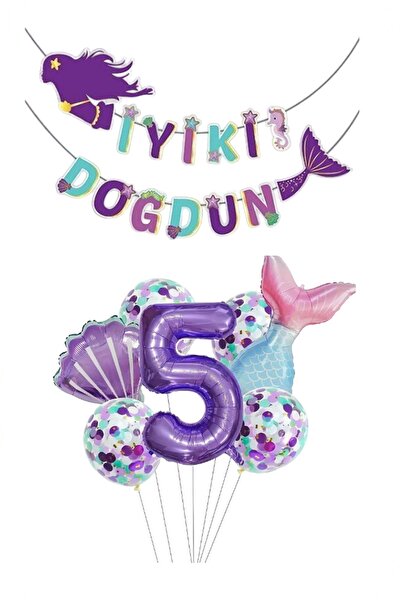 BİDOLUMUTLULUK Deniz Kızı Folyo Set Konsept Doğum Günü Set Yaş Rakam Folyo