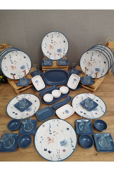Keramika Blue and Pink Floral Patterned Breakfast Set for 12 People
