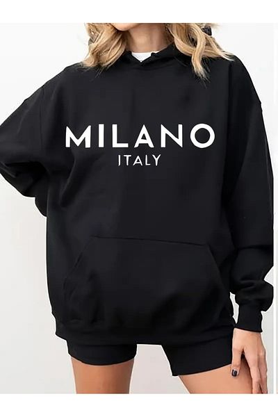 PALPİTO Milano Printed Black Women's Hoodie - 3 Thread Hooded Sweatshirt