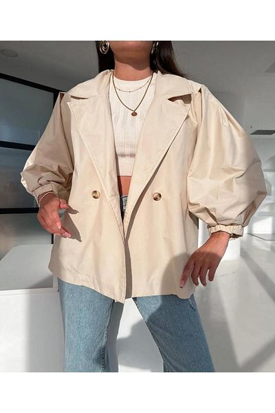 PANCAARTE Oversize Balloon Sleeve Short Trench Coat