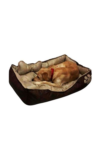 Patili Evler Coffee Cream Large Breed Dog Bed Xxl - Durable Nubuck Fabric and Bone Pillow Gift