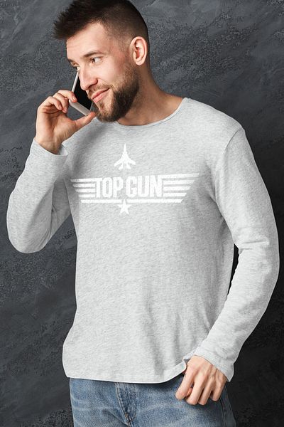 ROCKANDROLL Tricou din bumbac pieptănat pentru bărbați, cu mânecă lungă, cu gâtul turn, gri