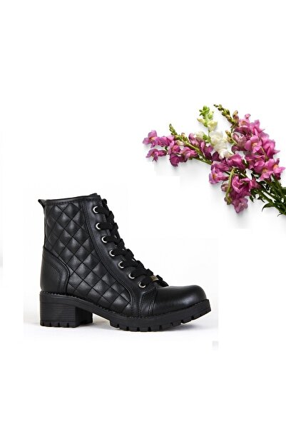 Coton Women's Black Color Boots with Threaded Rubber Anti-Slip Water and Cold Resistant Lining with Fur Inside Daily Winter Boots