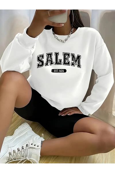 PALPİTO Λευκό Salem εμπριμέ Oversize Γυναικείο φούτερ - Crew Neck