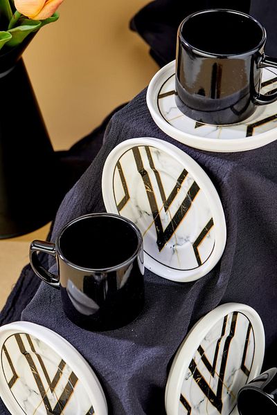 Erbaşlar Black Marble Pattern 12 Piece Luxury Ceramic Coffee Cup Set, Turkish Coffee Cup