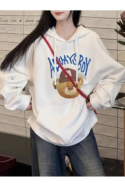 PALPİTO White 3 Thread Hooded Hoodie - Women'S, Always Boy Printed Sweatshirt