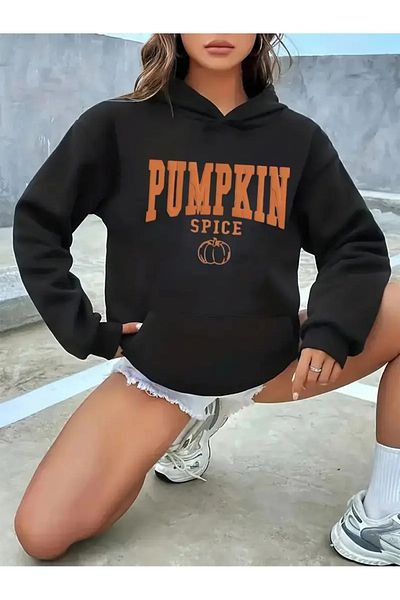 PALPİTO Black Pumpkin Spice 3 Thread Hooded Hoodie Sweatshirt - Women