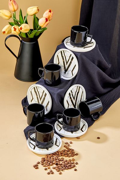 Erbaşlar Black Marble Pattern 12 Piece Luxury Ceramic Coffee Cup Set, Turkish Coffee Cup
