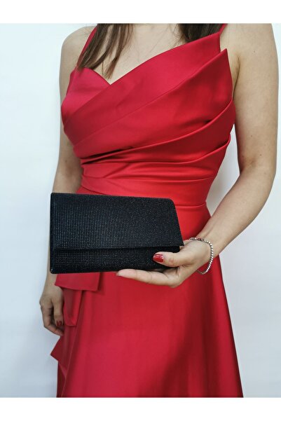 NAZART Women's Tiny Big Stone Look Black Evening Dress Clutch Portfolio Chain Strap Handheld Wedding Engagement Evening Bag