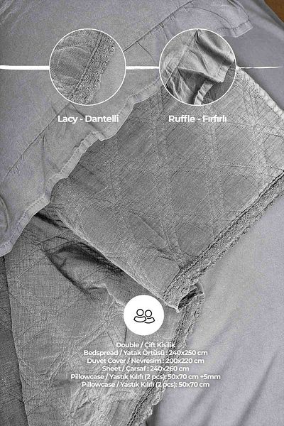 Evlen Home Collection Double 100% Cotton Bedding Set - Soft Barbara Gray with Duvet Cover, Stone Washed 7 Pieces
