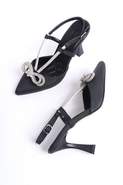 Modabuymus Black Satin Stone Stiletto - Bowtie Evening Dress Shoes