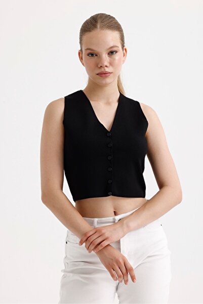 fujya Жіночий жилет з V-подібним коміром на кнопках, чорний трикотаж