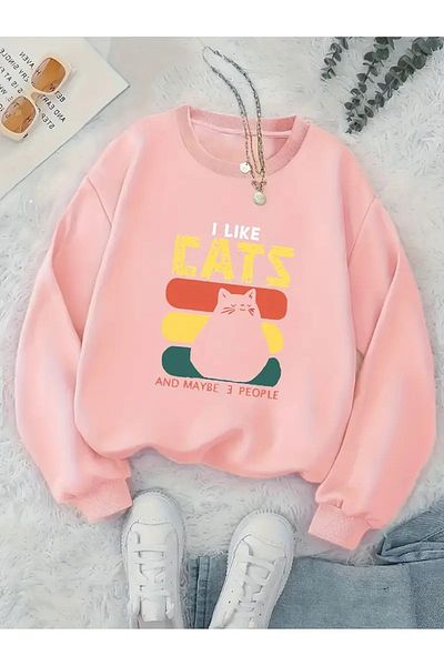 PALPİTO Γυναικείο φούτερ με ροζ I Like Cat με στάμπα με λαιμόκοψη