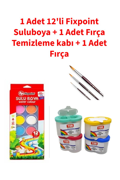 YLDZ Fixpoint 12'li Suluboya - 1 Asdet Fırça Temizleme Kabı - 1 Adet Fırça Yıldız  Kırtasiye Seti