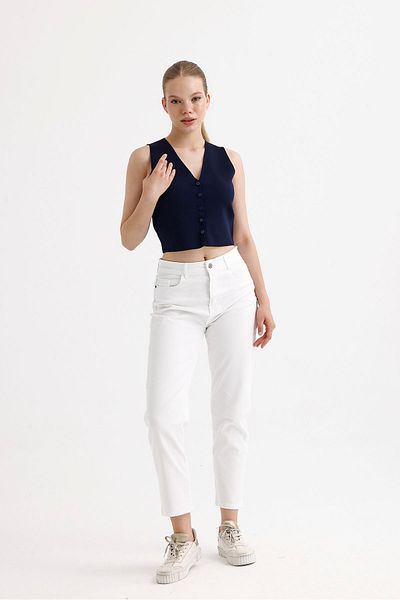 fujya Women's V-Neck Navy Blue Knitwear Vest with Snap Fasteners