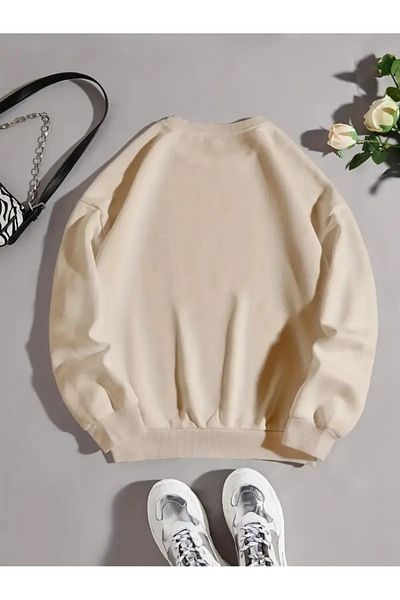PALPİTO Μπεζ φούτερ με λαιμόκοψη - Πέτρινη στάμπα, Unisex