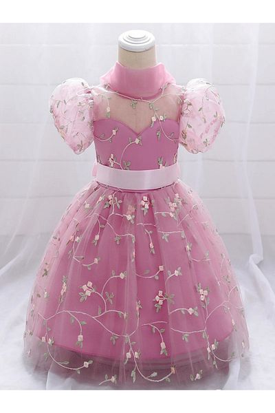 Tomac Pink Embroidered Girls' Princess Dress with Brooded