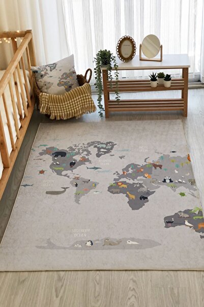World Map Patterned Nursery Rug
