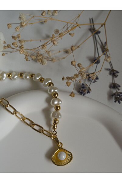 Vola Collection Handmade Pirinç Üzeri Altın Kaplama Incili Istiridye Kadın Kolye - Golden Pearl Sevgiliye Hediye