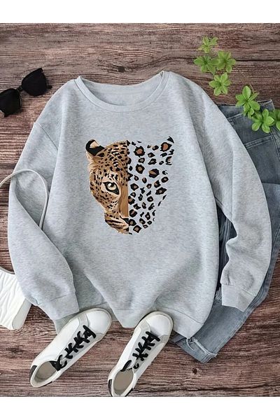 PALPİTO Φούτερ Unisex Γκρι Λεοπάρ με σχέδιο Oversize Crew Neck