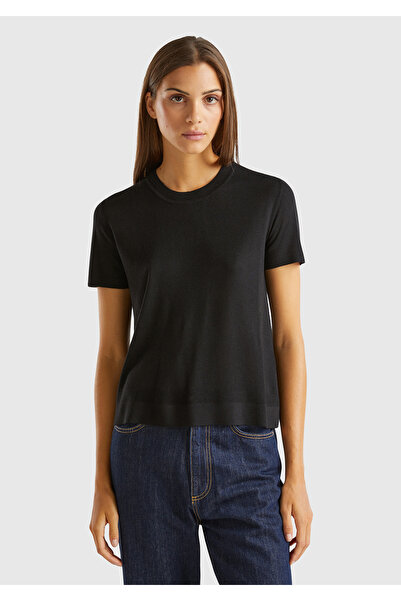 United Colors of Benetton Amestec de mătase neagră - Pulover de damă cu gât r...