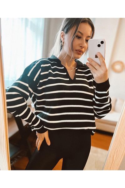 CIQULATA Pulover cu dungi cu gât polo negru