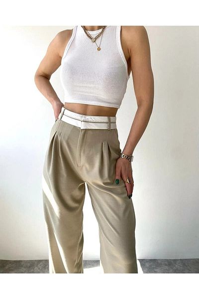 IŞILDA FASHION Women's Clothing Reverse Belt Detailed High Waist Black Palazzo Pants