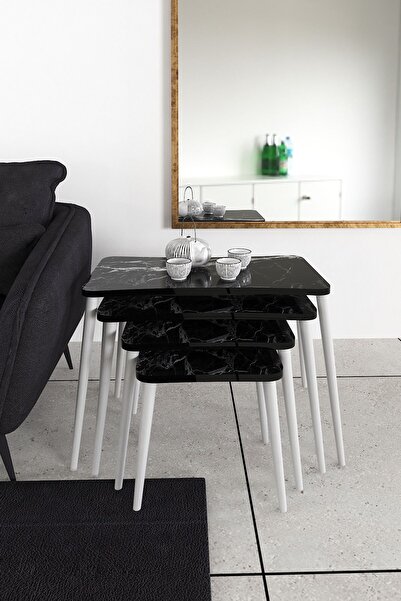 Zuesse Dizayn Selen 4lü Zigon Sehpa Ahşap Beyaz Ayaklı Salon Seti Çay Sehpası...