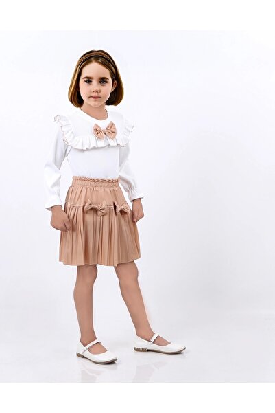 Kamex Fiyonklu Deri Piliseli Etek Kız Çocuk Takım Bej