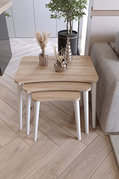 Zuesse Dizayn Beyza 3lü Zigon Sehpa & Yan Sehpa Beyaz Ahşap Ayaklı Salon Seti Çay Sehpası - Sonomo