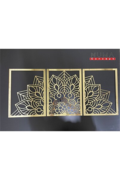 Numa Concept Lotus Çiçeği 3'lü Tablo Mdf Üzeri Gold Pleksi Duvar Dekorasyon Her Biri 35x24,5 Cm