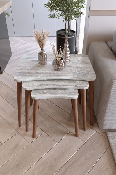 Zuesse Dizayn Reyhan 3lü Zigon Sehpa & Yan Sehpa Ahşap Ayaklı Salon Seti Çay Sehpası - Kristal