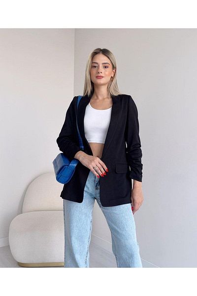Gözde Tasarım Butik Черно сако без копчета с набрани ръкави и подплата