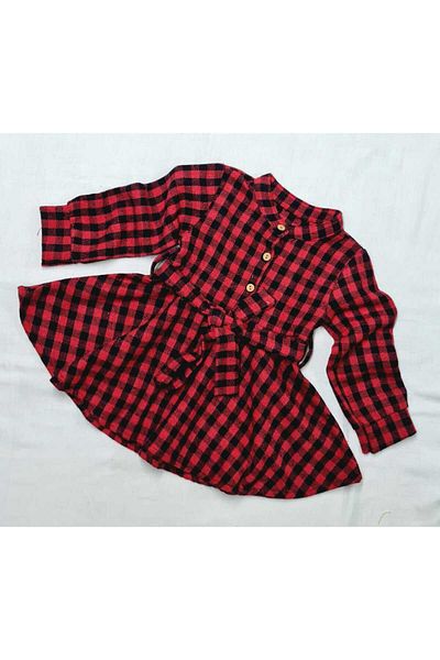 minikiss Cotton Lumberjack Fabric - Shirt Collar Long Sleeve Girl's Dress