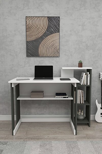 Zuesse Dizayn Lotus 5 Raflı Çalışma Masası Laptop Bilgisayar Masası Ofis Ders Yemek Çocuk Masası Antrasit-Beyaz