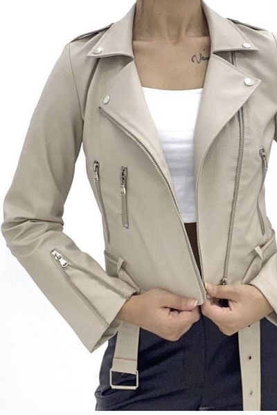nazebutik Damen-Lederjacke mit Gürtel, Creme