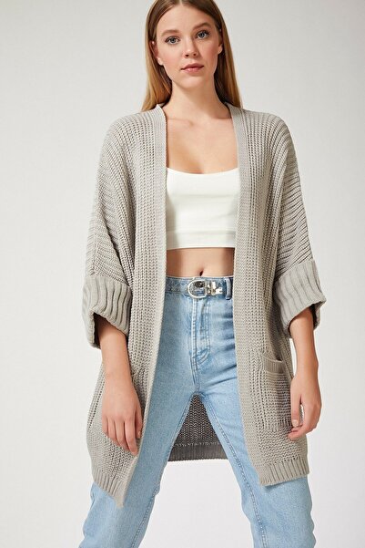 FY Giyim كارديجان نسائي فضفاض بأكمام مزدوجة وجيب كبير الحجم باللون الرمادي