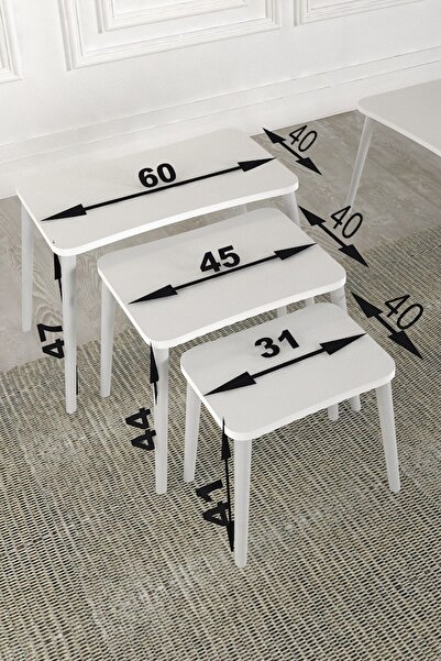 Zuesse Dizayn Beyza 3lü Zigon Sehpa & Yan Sehpa Beyaz Ahşap Ayaklı Salon Seti Çay Sehpası - Sonomo