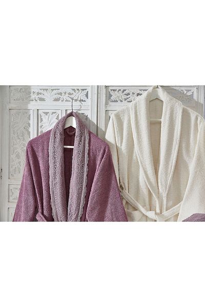 ELVİRAHOME 100% Cotton Lace Laced 6-Piece Family Bathrobe Set, Bathrobe Set, Dowry Set
