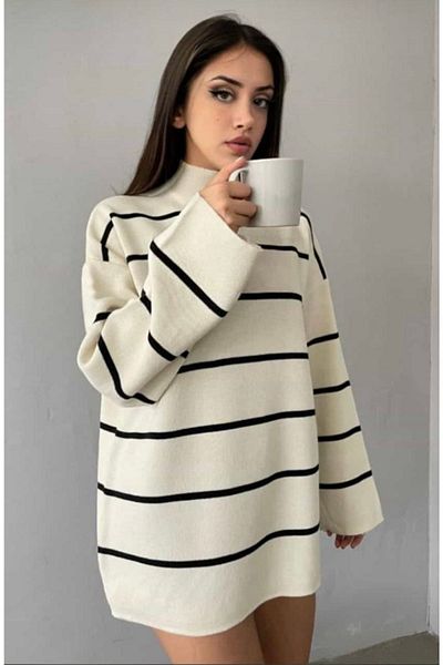KaSheHa Schwarz gestreifter Ecru-Pullover