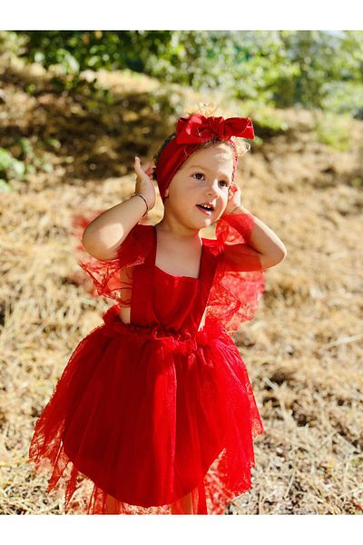 meqlife Rochie de seara fetita din satin rosu - tinuta de sarbatoare pentru petrecerea de aniversare