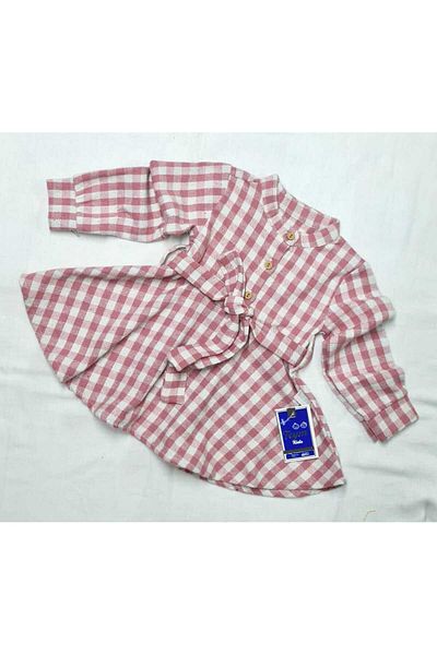 minikiss Cotton Lumberjack Fabric - Shirt Collar Long Sleeve Girl's Dress