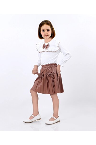 Kamex Girl's Brown Suit - Bow Leather Pleated Skirt
