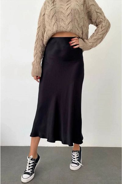 IŞILDA FASHION Fustă midi din Satin - neagră