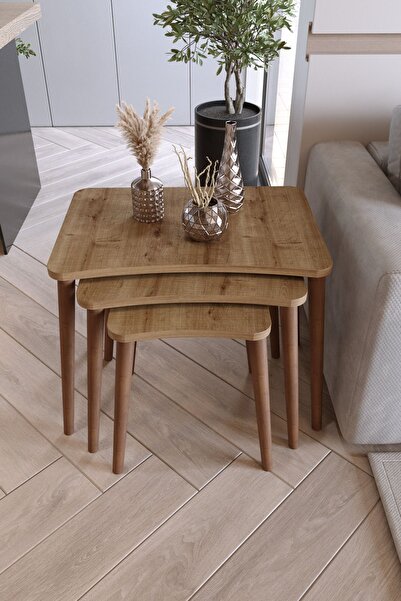 Zuesse Dizayn Reyhan 3lü Zigon Sehpa & Yan Sehpa Ahşap Ayaklı Salon Seti Çay ...