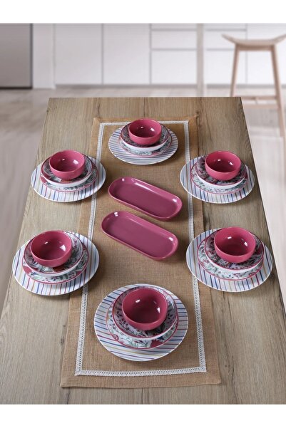 Keramika 6 Kişilik 26 Parça Çizgili Çiçekli Desen Yemek Takım