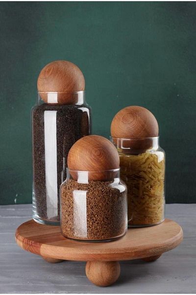 YzHome 3-Piece Ball Glass Jar with Wooden Lid and Spice Jar Set Storage Container 500-800-1300ml